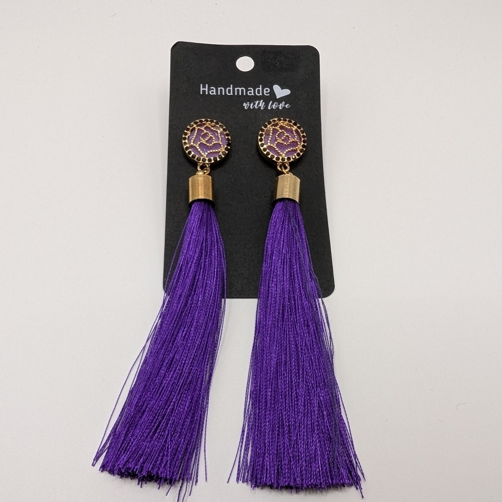 Handmade Purple Tassel Fringe Earrings Embellished Top Post 4.5" NEW